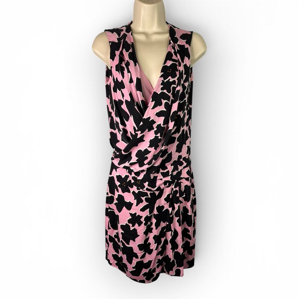 Diane Von Furstenberg Daran Dress Faux Wrap Silk Pink Black White Floral Women 2